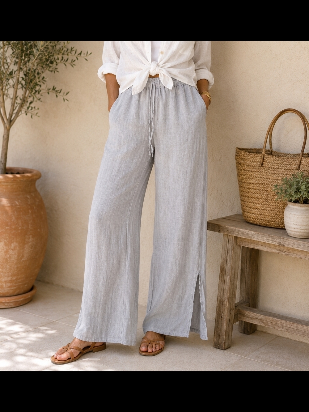 Italian Linen Pull On Pants Light Gray Lagenlook Wide Leg Side Slit Medium